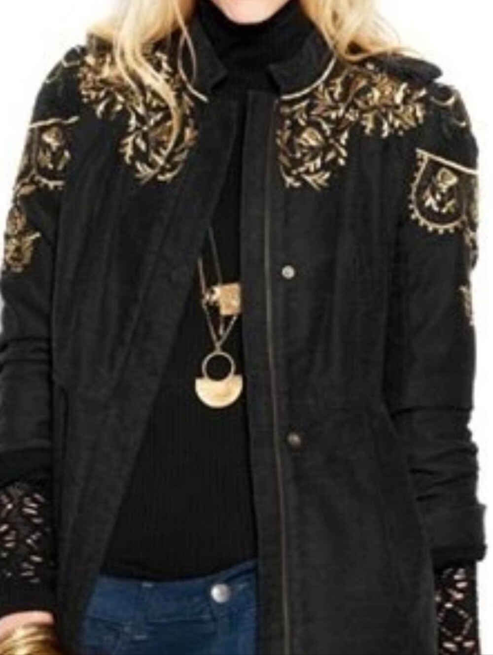 Free People Sergeant Coat Embroidered Charcoal Gray Military Zip Button Jacket 4 - Picture 4 of 16